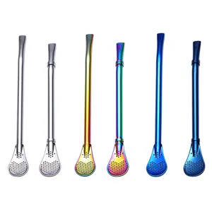 304 Stainless Steel Filter Straw Spoon Reusable Creative Coffee Milk Tea Stirring Straw Drinking Accessories Mirror Polished Multi Color