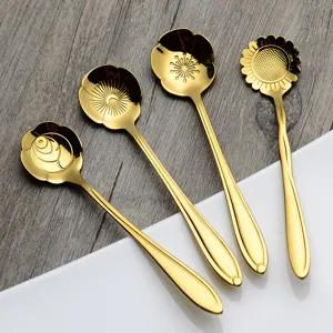 Gold plated flower coffee spoons set stainless steel cherry blossom rose teaspoons 4pcs