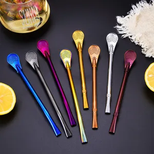 Multi-colored 304 stainless steel filtering straw spoons for coffee and tea stirring drinks