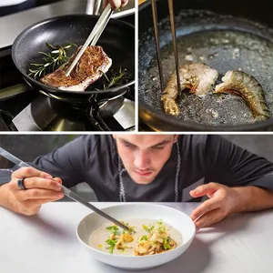 Professional chef using stainless steel long kitchen tweezers for delicate plating and frying