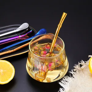 Multicolor 304 stainless steel filter straw spoon for tea coffee stirring and drinking