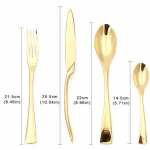 Elegante gouden roestvrijstalen bestekset met mes vork en lepels inclusief afmetingen
