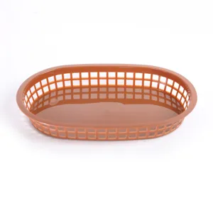 Oval brown plastic food serving basket for hot dogs, crispy fries, and fried chicken.