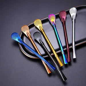 Set of seven colorful 304 stainless steel reusable filter straw spoons for tea and coffee
