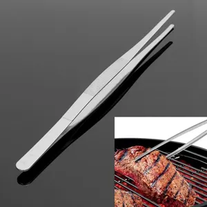 Detailed view of long stainless steel kitchen tweezers ideal for BBQ grilling and food plating