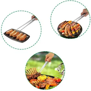 Detailed action shot showing long stainless steel kitchen tweezers flipping BBQ food on grill