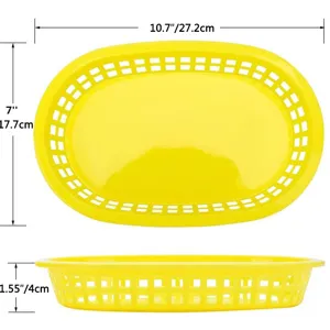 Detail view of yellow plastic oval food basket showing exact dimensions for fries and snacks