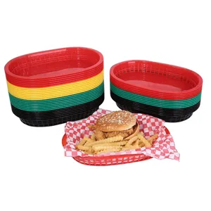 Stackable plastic fast food baskets in red, yellow, green, black for fries and burgers