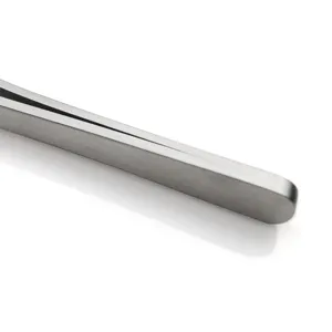 Close-up of stainless steel food tongs showing brushed metal finish and rounded handle