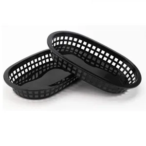 Stack of two black oval plastic food baskets featuring a classic grid pattern design.