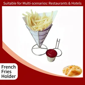 Detail view of conical chrome metal French fry stand with integrated sauce cup holder