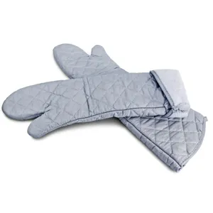 Professional grey quilted heat resistant oven mitts for kitchen baking and microwave cooking