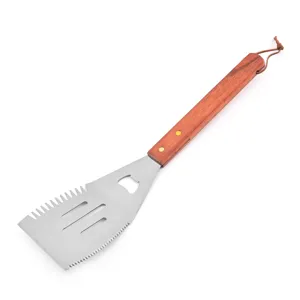 Multifunctional stainless steel BBQ spatula with wooden handle and bottle opener
