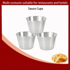 Set of three stainless steel condiment sauce dipping cups for appetizers and french fries