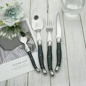 Nahaufnahme eines 4-teiligen Bestecksets im Laguiole-Stil mit eleganten schwarzen Griffen