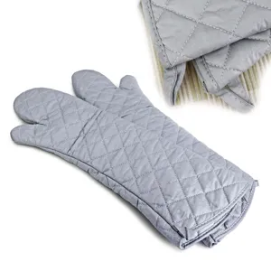 Professional grey heat-resistant quilted oven mitts for kitchen baking and grilling tasks