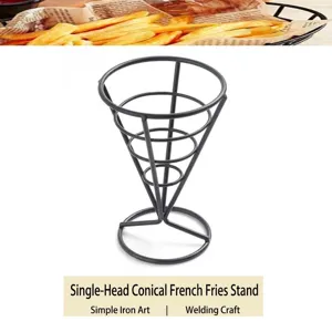 Detail of a black metal cone-shaped french fries stand for restaurant snack display.