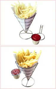 Conical metal wire snack display stand with side sauce cup holder for French fries
