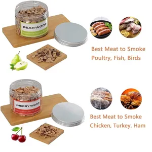 Natural pear and cherry wood chips set for smoking meat, poultry, and fish in jars.