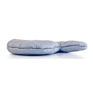Side view of grey quilted heat-resistant oven mitt with thick insulation padding