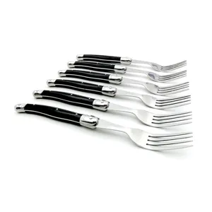 6er Set Laguiole-Stil Steakgabeln aus Edelstahl mit eleganten schwarzen Griffen auf Weiß