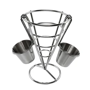 Stainless Steel French Fries Stand Cone Shaped Snack Display Rack Electroplated Fried Chicken Basket With Sauce Cup Buffet Restaurant Tools