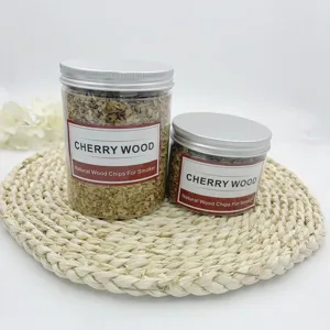 Detailed close-up of natural cherry wood chips in transparent jars placed on a woven mat.