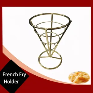 Elegant gold-plated cone-shaped French fry stand for professional buffet and restaurant service