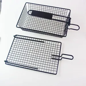 Non-stick black wire BBQ grill basket set with foldable handle for roasting chicken
