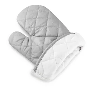Grey and white quilted heat-resistant oven mitt for kitchen baking and BBQ use.