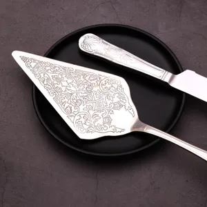 Elegant silver stainless steel cake knife and server set with vintage floral engravings