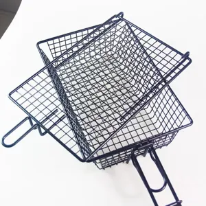 Set of two black non-stick BBQ grill baskets with foldable handles on a white surface
