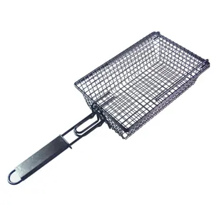 Durable non-stick black metal BBQ grill basket with an ergonomic long handle for roasting