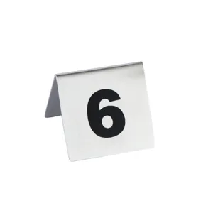Stainless steel table number sign, square 5x5cm desk tent card with clear black digit 6.