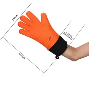 Detailed view of orange silicone heat resistant BBQ glove with dimensions 12.9 by 5.5 inches
