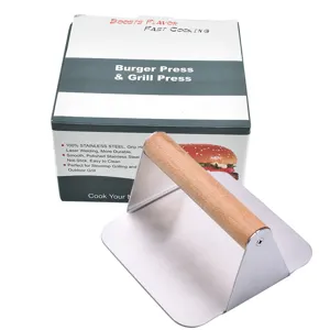 Pressa per hamburger quadrata professionale in acciaio inox con manico in legno