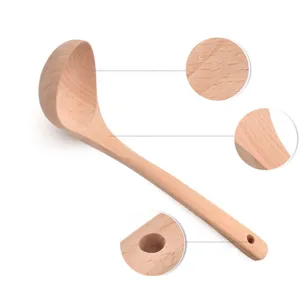 Large eco-friendly wooden soup ladle with curved handle and natural wood grain details