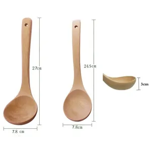 Natural wooden soup ladles in 27cm and 24.5cm sizes with integrated hanging holes