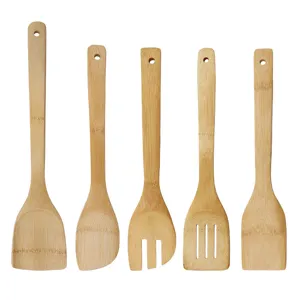 5-piece natural bamboo kitchen utensil set with spatulas and turners for non-stick pans