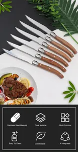 Professional set of six stainless steel steak knives featuring premium Sapele wood handles