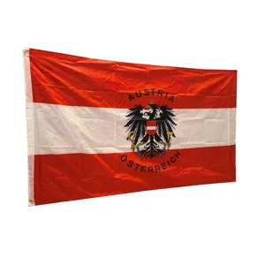 Gedetailleerd overzicht van 90x150cm polyester Oostenrijk vlag met adelaar en ringen