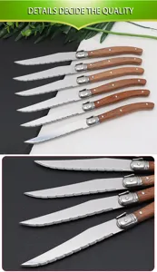 Detailed macro view of Sapele wood handle steak knives with serrated stainless steel blades