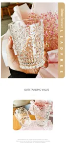 Close-up detail of a retro floral embossed glass cup with lead-free material description