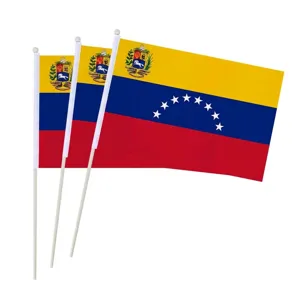 Premium set of 3 hand-held Venezuela flags with white poles for sporting events and parades