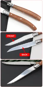 Detailed view of the serrated blade front and back on a Sapele wood handle steak knife