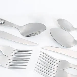 Close-up macro view of premium stainless steel steak knife, fork, and spoon dinner set