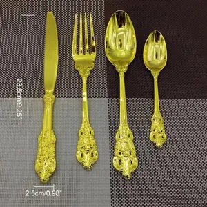 Detailed view of 4-piece vintage gold-plated cutlery set with clear dimension markers