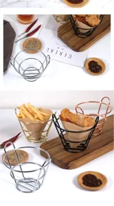 Detail view of creative metal cone snack baskets in various finishes with props