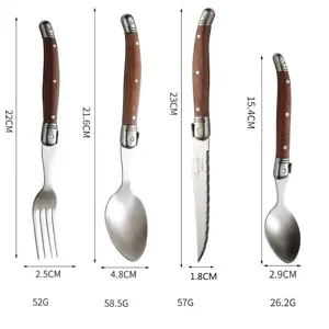 Laguiole wooden handle stainless steel cutlery set with size and weight measurements