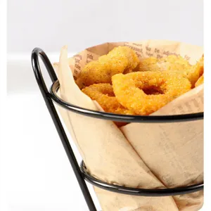 Black conical metal snack basket for serving fries and fried chicken